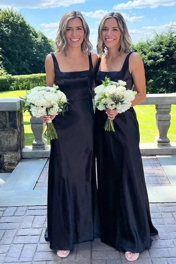 Elegant Black Satin A Line Square Neck Long Bridesmaid Dresses, BD146 | cheap bridesmaid dress | black bridesmaid dress | wedding party dress | simidress.com