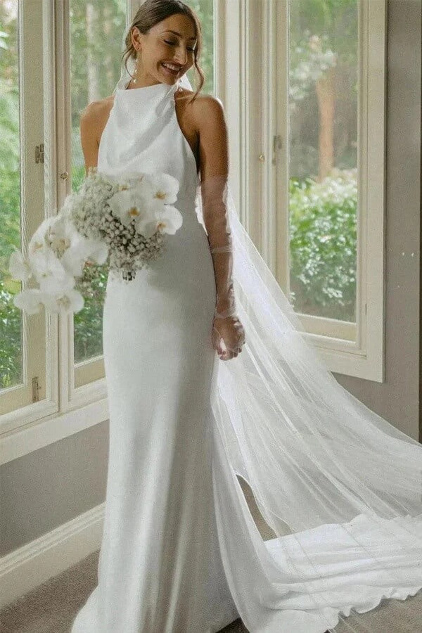 Elegant Satin Mermaid Halter Simple Wedding Dresses With Train, SW688 image 1