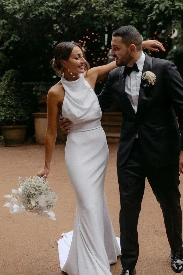 Elegant Satin Mermaid Halter Simple Wedding Dresses With Train, SW688 image 2