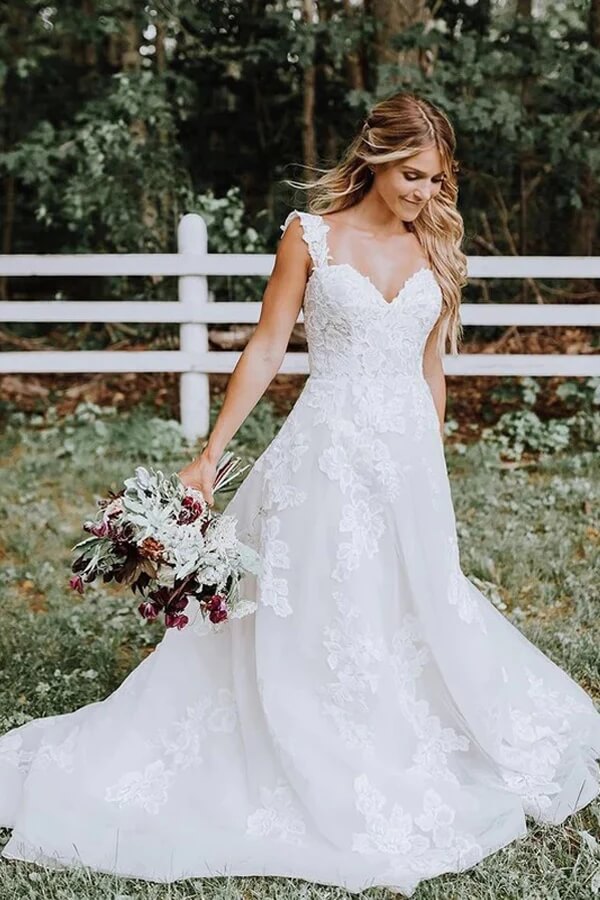 Elegant Tulle A-line Lace Appliqued Wedding Dresses With Court Train, SW667 | lace wedding dress | outdoor wedding dress | cheap wedding dress | simidress.com