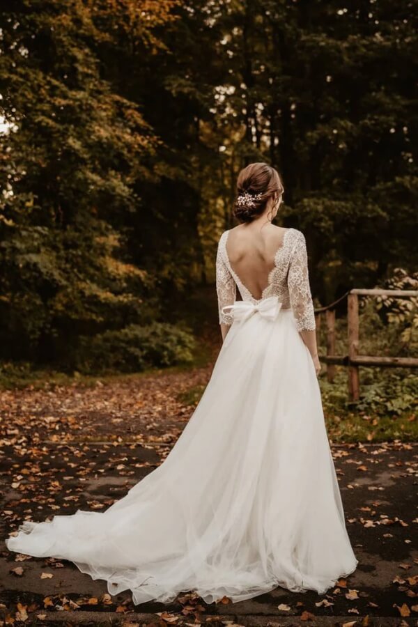 Elegant Tulle A-line Lace Backless Long Sleeves Wedding Dresses, SW689 image 2