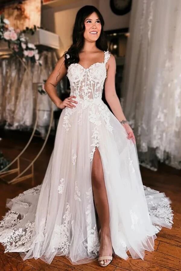 Elegant Tulle A-line Off-the-Shoulder Wedding Dresses With Lace Appliques, SW680 image 2