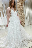 Elegant Tulle A-line V-neck Floral Lace Wedding Dresses, Wedding Gown, SW658