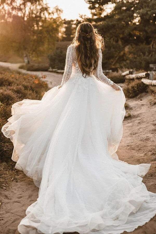 Elegant Tulle A-line V-neck Long Sleeves Wedding Dresses With Lace, SW659 | vintage wedding dresses | bohemian wedding dress | wedding dresses online | simidress.com