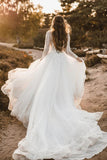 Elegant Tulle A-line V-neck Long Sleeves Wedding Dresses With Lace, SW659 | vintage wedding dresses | bohemian wedding dress | wedding dresses online | simidress.com