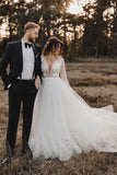 Elegant Tulle A-line V-neck Long Sleeves Wedding Dresses With Lace, SW659 | tulle wedding dress | v neck wedding dress | outdoor wedding dress | simidress.com
