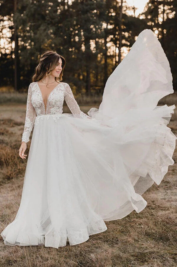 Elegant Tulle A-line V-neck Long Sleeves Wedding Dresses With Lace, SW659 | long sleeves wedding dress | beach wedding dress | lace wedding dress | simidress.com