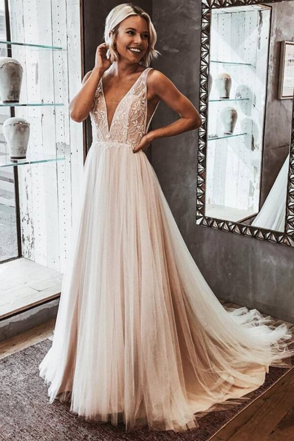 Elegant Tulle A Line V Neck Beach Wedding Dresses With Lace Appliques, SW722 | champagne wedding dress | cheap lace wedding dress | wedding gown | simidress.com