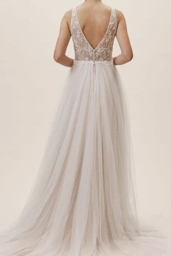 Elegant Tulle A Line V Neck Beach Wedding Dresses With Lace Appliques, SW722 | champagne wedding dress | tulle wedding dress  | bridal gown | simidress.com