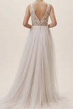 Elegant Tulle A Line V Neck Beach Wedding Dresses With Lace Appliques, SW722 | champagne wedding dress | tulle wedding dress  | bridal gown | simidress.com