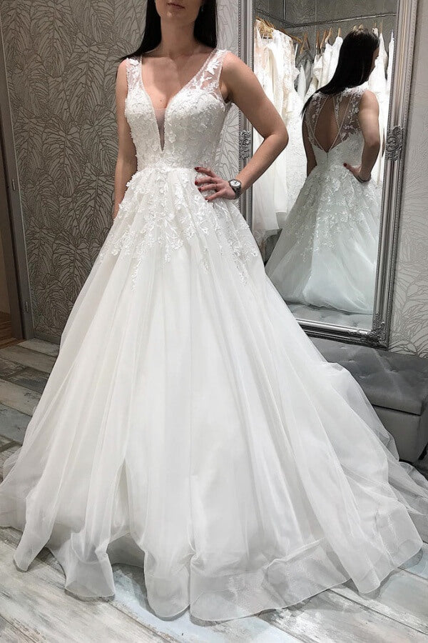 Elegant Tulle A Line V Neck Lace Appliques Wedding Dresses, Bridal Gown, SW720 | cheap lace wedding dress | bohemian wedding dress | summer wedding dress | simidress.com
