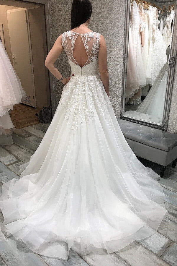 Elegant Tulle A Line V Neck Lace Appliques Wedding Dresses, Bridal Gown, SW720 | a line wedding dress | wedding dress stores | wedding dresses near me | simidress.com