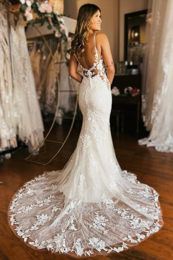 Elegant Tulle Mermaid V Neck Lace Appliques Wedding Dresses, Bridal Gown, SW745 | mermaid lace wedding dress | bridal dresses | custom made wedding dress | simidress.com