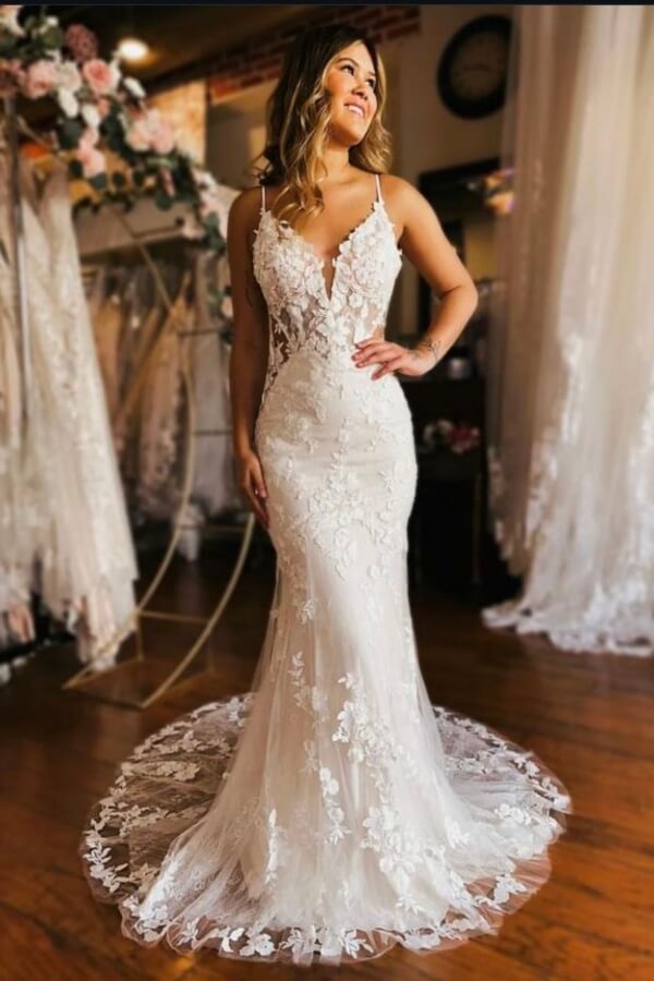 Elegant Tulle Mermaid V Neck Lace Appliques Wedding Dresses, Bridal Gown, SW745 | sexy wedding dress | wedding dress stores | cheap lace wedding dress online | simidress.com
