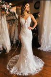 Elegant Tulle Mermaid V Neck Lace Appliques Wedding Dresses, Bridal Gown, SW745 | sexy wedding dress | wedding dress stores | cheap lace wedding dress online | simidress.com