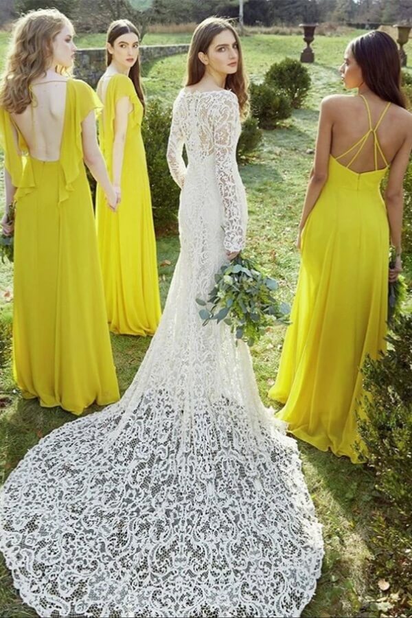 Elegant Yellow Chiffon A-line V-neck Short Sleeves Bridesmaid Dresses, BD140 image 1