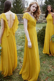 Elegant Yellow Chiffon A-line V-neck Short Sleeves Bridesmaid Dresses, BD140 image 2