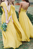 Elegant Yellow Chiffon A-line V-neck Short Sleeves Bridesmaid Dresses, BD140 image 3