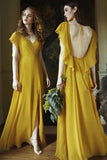 Elegant Yellow Chiffon A-line V-neck Short Sleeves Bridesmaid Dresses, BD140 image 4