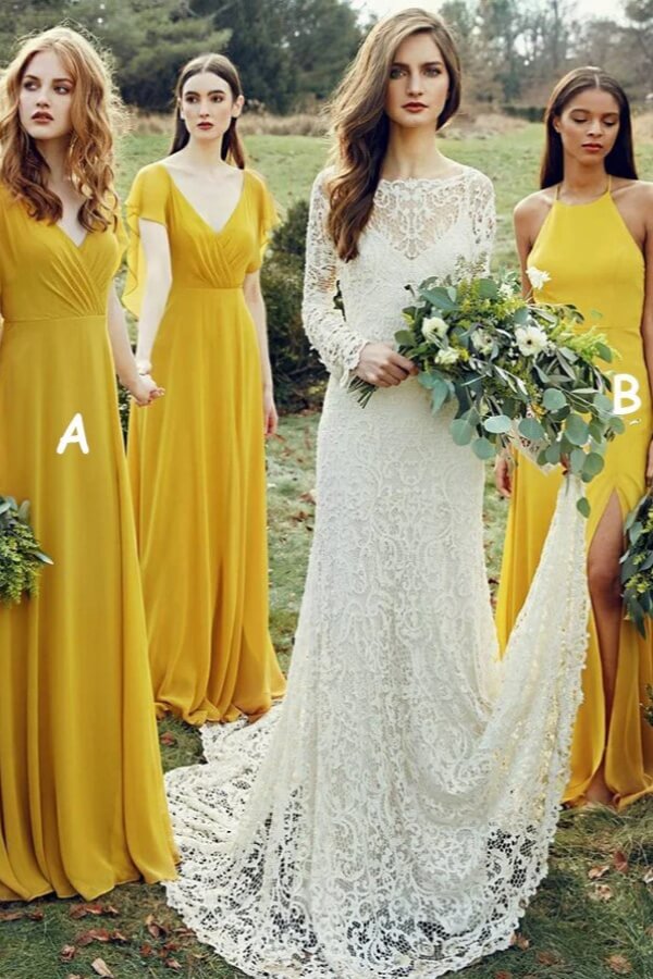 Elegant Yellow Chiffon A-line V-neck Short Sleeves Bridesmaid Dresses, BD140 image 5