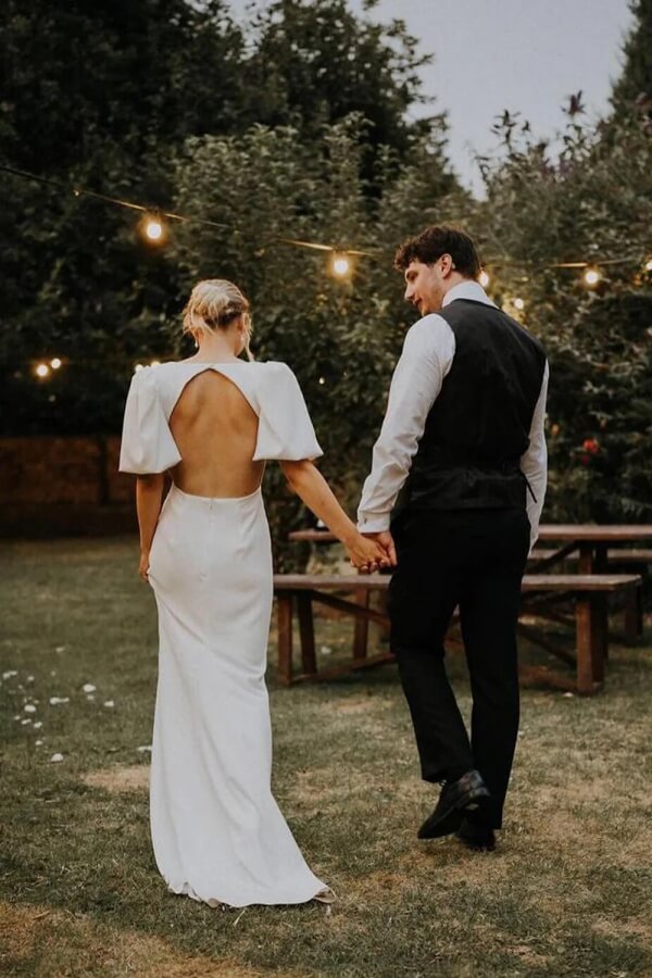 Fairy Stretch Satin A Line V Neck Wedding Dresses With Short Sleeve, SW712 | backless wedding dress | cheap wedding dresses | vintage wedding dress | simidress.com