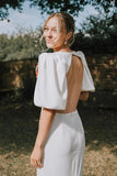 Fairy Stretch Satin A Line V Neck Wedding Dresses With Short Sleeve, SW712 | a line wedding dress | outdoor wedding dress | beach wedding dress | simidress.com