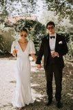 Fairy Stretch Satin A Line V Neck Wedding Dresses With Short Sleeve, SW712