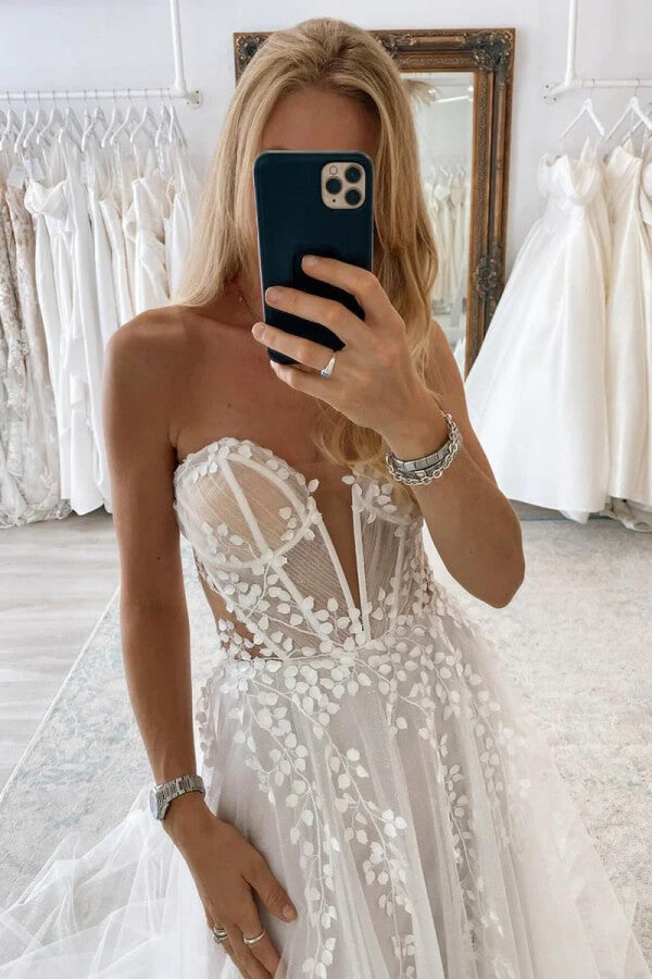 Fairy White Tulle A Line Off Shoulder Wedding Dresses With Lace Appliques, SW748 | tulle wedding dress | affordable wedding dresses online | vintage wedding dress | simidress.com