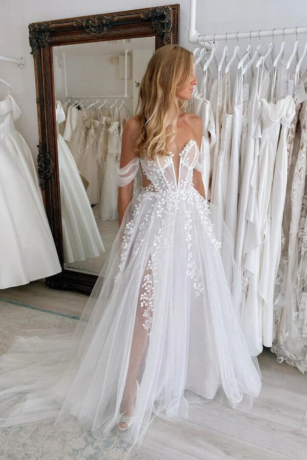 Fairy White Tulle A Line Off Shoulder Wedding Dresses With Lace Appliques, SW748 | simple wedding dress | white wedding dress | summer wedding dress | simidress.com