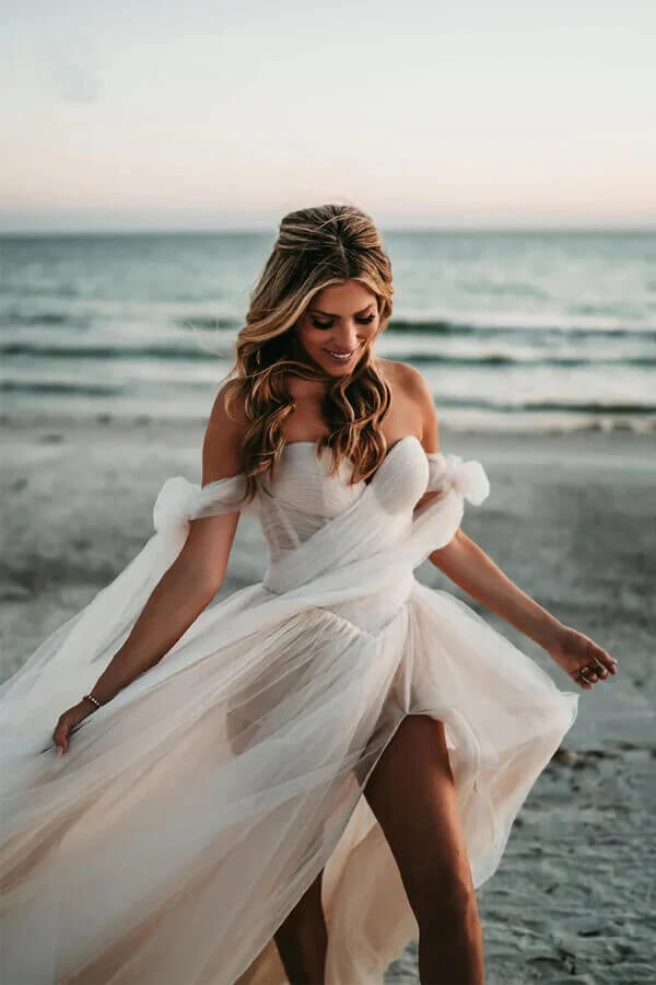 Flowy Tulle A-line Sweetheart Bohemian Wedding Dresses With Bow Tie, SW683 image 2