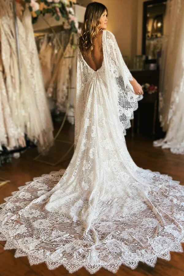 Gorgeous Ivory Mermaid Plunge Neck Batwing Sleeves Boho Wedding Dresses, SW729 | cheap lace wedding dress | wedding dress stores | vintage wedding dress | simidress.com