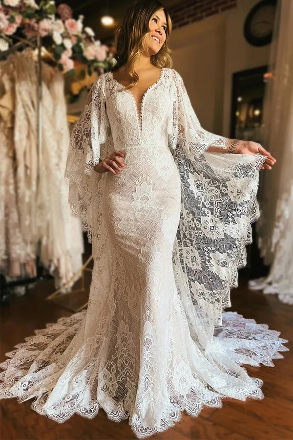Gorgeous Ivory Mermaid Plunge Neck Batwing Sleeves Boho Wedding Dresses, SW729 | sexy wedding dress | wedding dress with sleeves | bohemian wedding dress | simidress.com