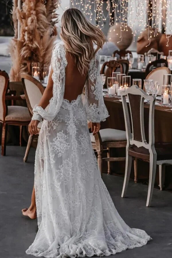 Gorgeous Sheath Long Sleeve V-neck Lace Appliques Wedding Dresses, SW714 | mermaid wedding dress | lace wedding gown | bridal dress | simidress.com