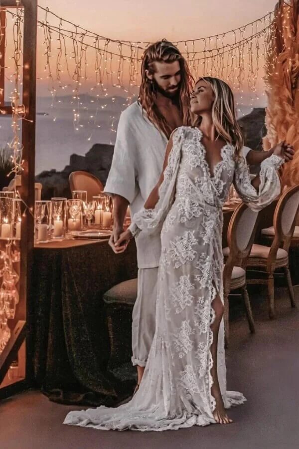 Gorgeous Sheath Long Sleeve V-neck Lace Appliques Wedding Dresses, SW714 | cheap lace wedding dress | wedding dresses near me | bohemian wedding dress | simidress.com