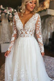 Gorgeous Tulle A Line V Neck Long Sleeves Lace Appliques Wedding Dresses, SW755 | v neck wedding dress | tulle wedding dress | beach wedding dress | simidress.com