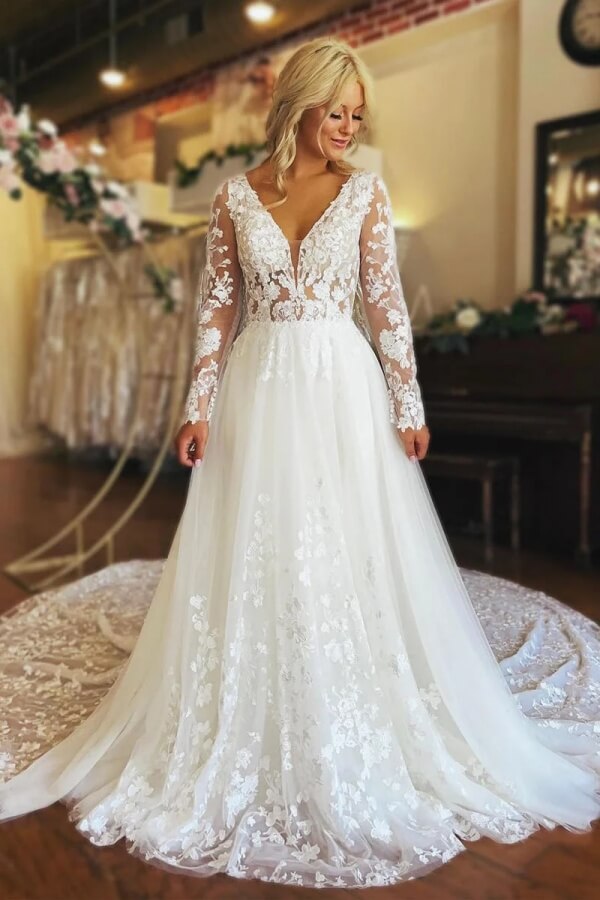 Gorgeous Tulle A Line V Neck Long Sleeves Lace Appliques Wedding Dresses, SW755 | wedding dress with sleeves | vintage wedding dress | bohemian wedding dress | simidress.com