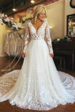 Gorgeous Tulle A Line V Neck Long Sleeves Lace Appliques Wedding Dresses, SW755 | wedding dress with sleeves | vintage wedding dress | bohemian wedding dress | simidress.com