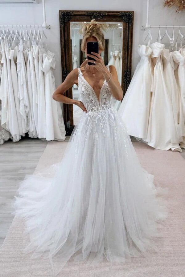 Gorgeous Tulle A Line V Neck Wedding Dresses With Lace Appliques, SW717 | summer wedding dress | cheap lace wedding dress | wedding gown | simidress.com