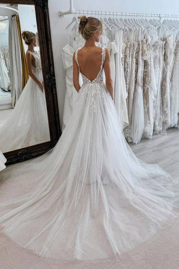 Gorgeous Tulle A Line V Neck Wedding Dresses With Lace Appliques, SW717 | vintage wedding dress | sexy wedding dress | lace wedding dress | simidress.com