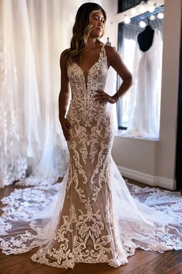 Gorgeous Tulle Mermaid Deep V Neck Wedding Dress With Lace Appliques, SW728 | champagne wedding dress | bohemian wedding dress | sleeveless wedding dress | simidress.com