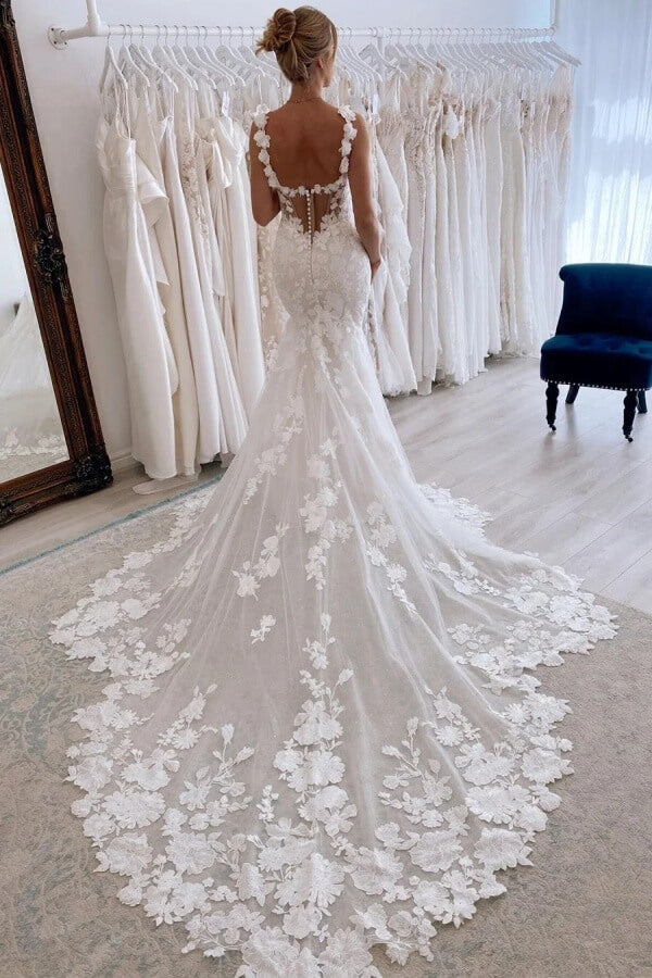 Gorgeous Tulle Mermaid Floral Straps Lace Appliques Wedding Dresses, SW757 | backless wedding dress | wedding dress shops near me | bohemian wedding dress | simidress.com