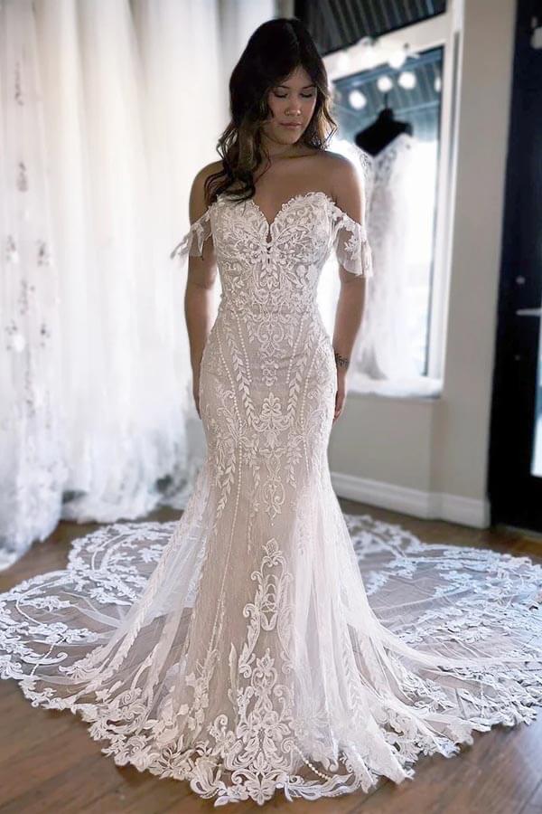 Gorgeous Tulle Mermaid Off-the-Shoulder Lace Appliques Wedding Dresses, SW706 | cheap lace wedding dress | mermaid wedding dress | wedding gown | simidress.com