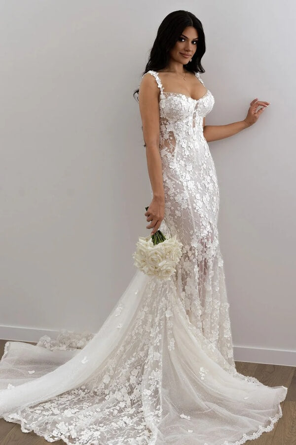 Gorgeous Tulle Mermaid Sweetheart Beach Wedding Dresses With Lace Appliques, SW746 | cheap lace wedding dress | sexy wedding dress | bohemian wedding dress | simidress.com
