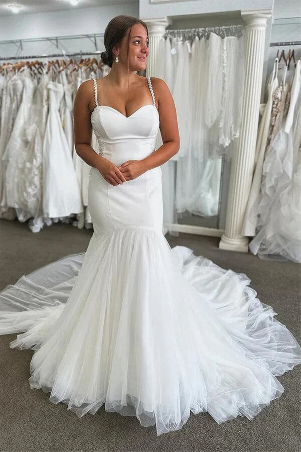 Gorgeous Tulle Mermaid Sweetheart Neck Wedding Dresses With Bow, SW724 | simple wedding dress | tulle wedding dress | cheap wedding dress | simidress.com