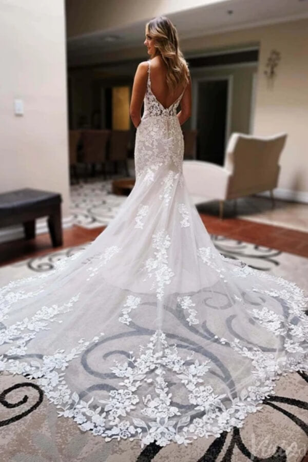 Gorgeous Tulle Mermaid V Neck Chapel Train Wedding Dresses, Bridal Gown, SW766 | backless wedding dress | cheap lace wedding dresses | wedding dress stores near me | simidress.com