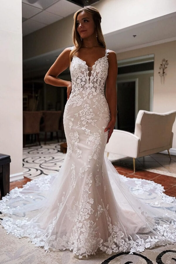 Gorgeous Tulle Mermaid V Neck Chapel Train Wedding Dresses, Bridal Gown, SW766 | cheap wedding dresses online | lace wedding gown | vintage wedding dress | simidress.com