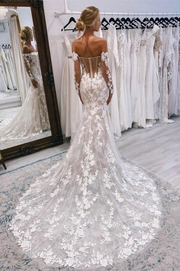 Gorgeous Tulle Mermaid Lace Appliques Wedding Dress With Illusion Long Sleeves, SW767 | bohemian wedding dress | sexy wedding dress | wedding dress stores near me | simidress.com
