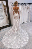 Gorgeous Tulle Mermaid Lace Appliques Wedding Dress With Illusion Long Sleeves, SW767 | bohemian wedding dress | sexy wedding dress | wedding dress stores near me | simidress.com