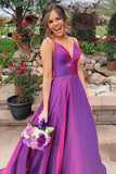 Grape Satin A-line V-neck Spaghetti Straps Prom Dresses With Pockets, SP959