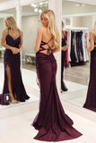 Grape Satin Mermaid V Neck Spaghetti Straps Lace Up Split Long Prom Dresses, SLP115 image 2